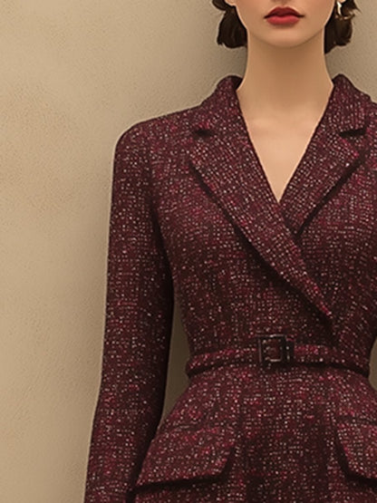 【24-hour shipping】Vintage Elegant Ankola Red Tweed Lapel Dress