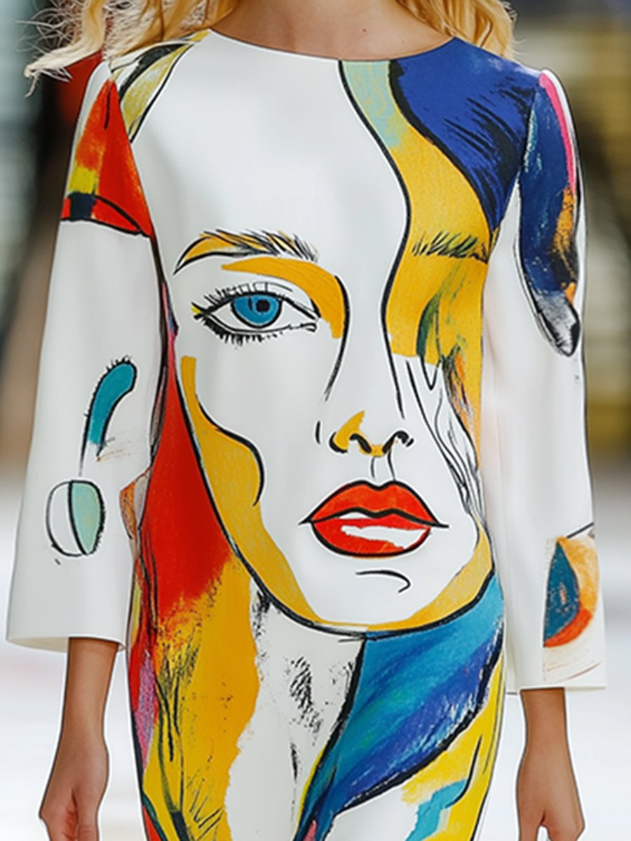 Simple And Stylish Abstract Face Print Midi Dress