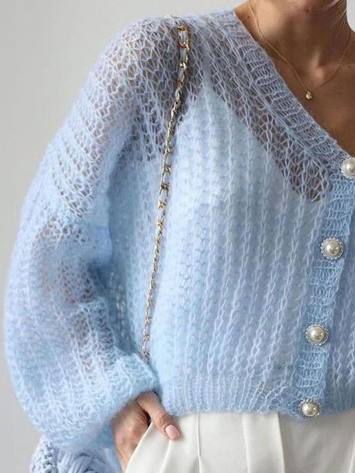 Fresh Blue Thin Knitted Long-Sleeved Cardigan