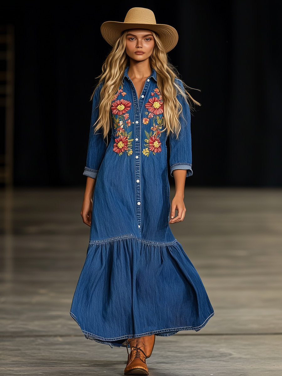 Retro Loose Fashion Embroidered Denim Maxi Dress