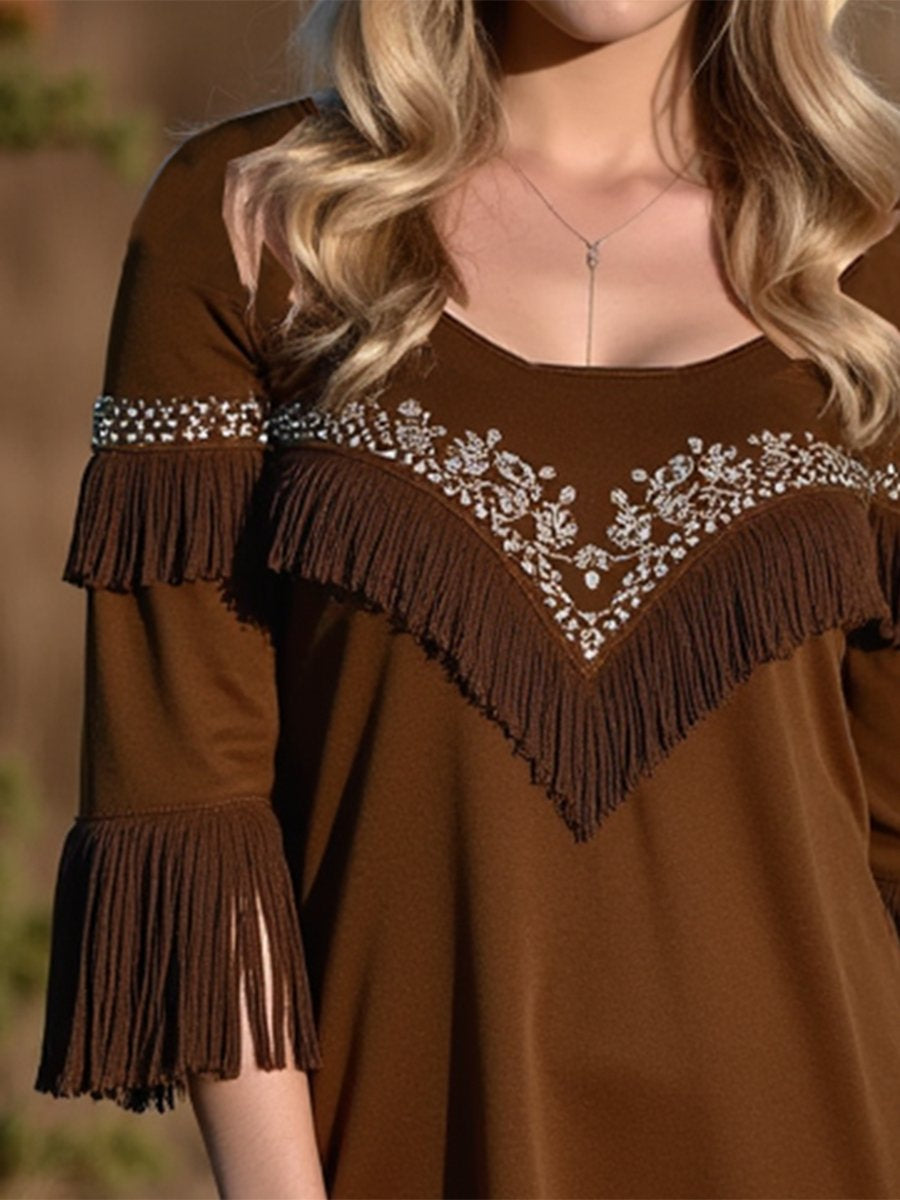 Retro Loose Fashionable Tassel Round Neck T-shirt