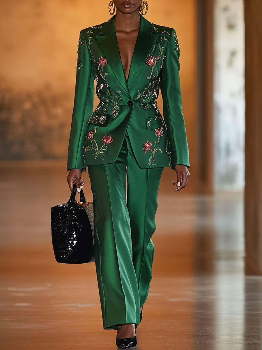 Casual Loose Retro Floral Embroidery Green Suit Jacket Wide Leg Pants Set