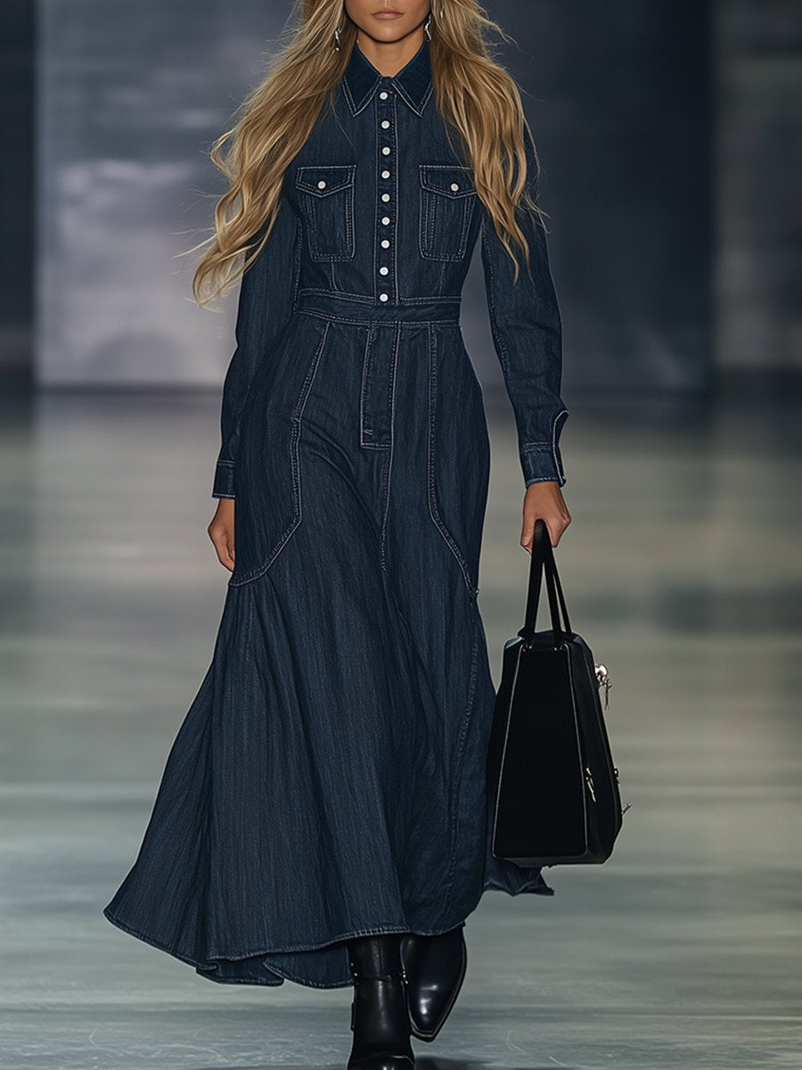 Casual Slim Fit Vintage Lace-up Long Sleeve Denim Maxi Dress