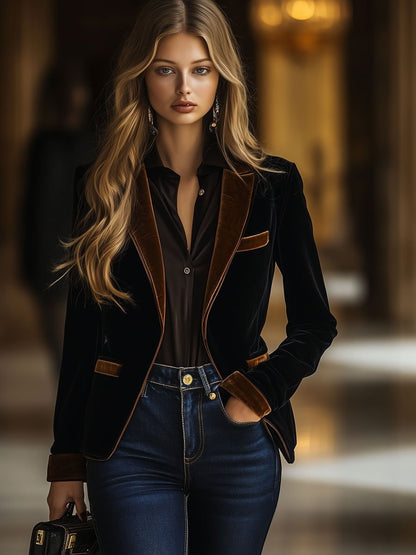 Casual Loose Retro Black And Brown Velvet Color Matching Blazer