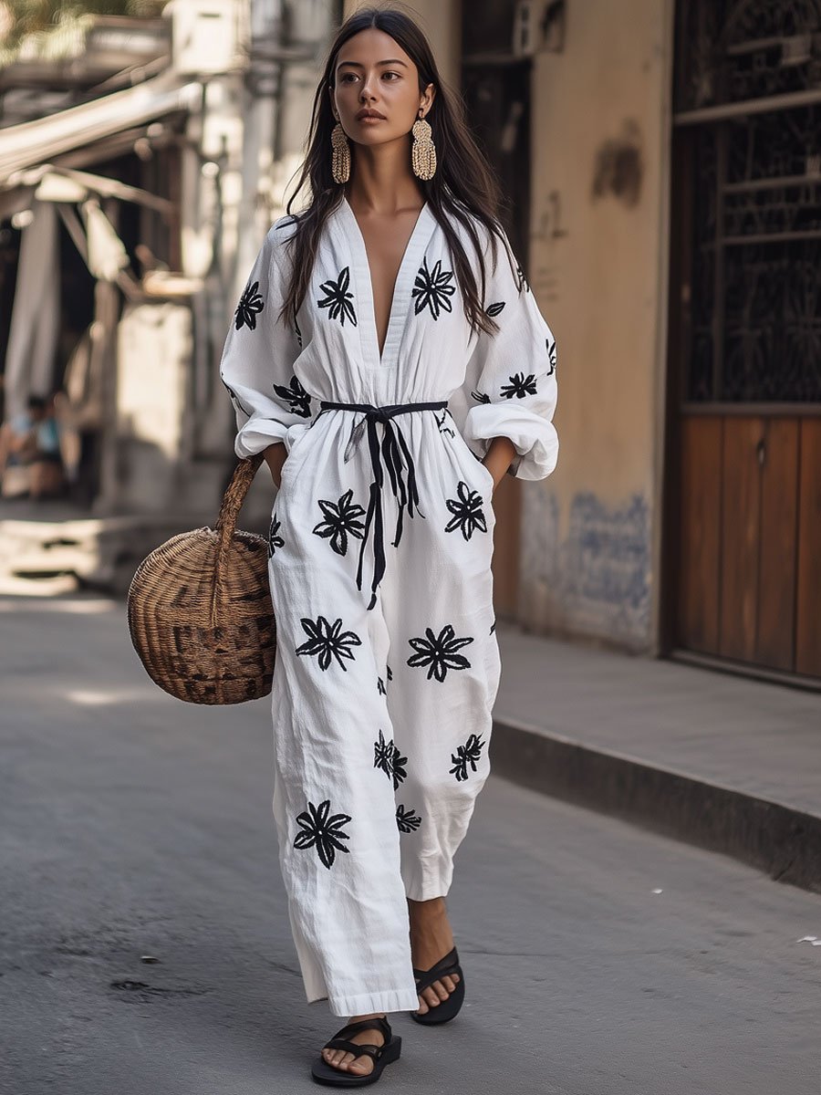 Casual Cotton and Linen Floral Embroidery V-Neck Long Sleeve Wide Leg Jumpsuit