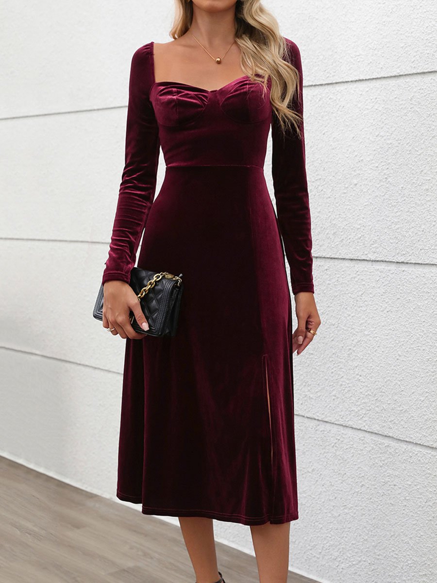 Fashion Retro Party Velvet Slit Long Sleeve Midi Dress