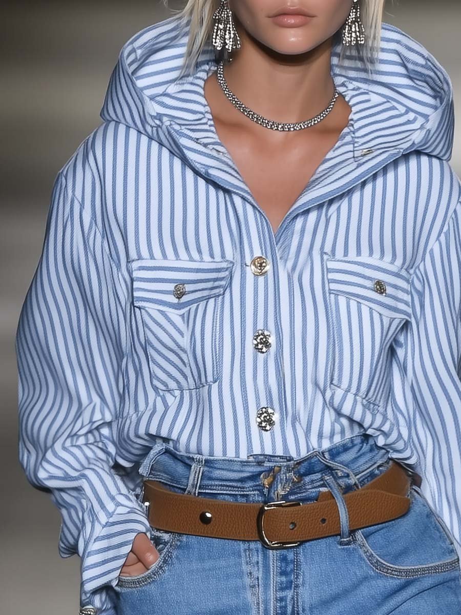 Fashionable Blue and White Striped Shirt-style Loose Hoodie