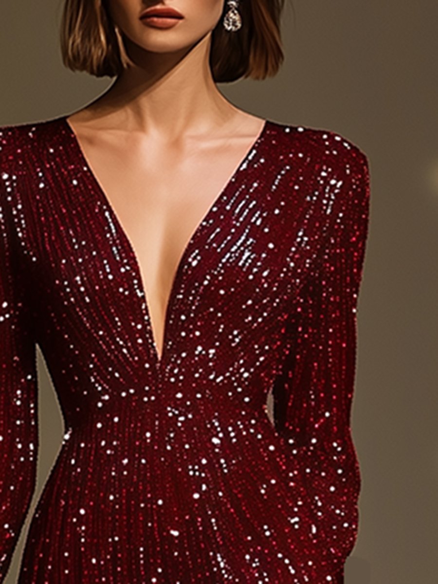 High-End And Elegant V-Neck Sequined Burgundy Dress