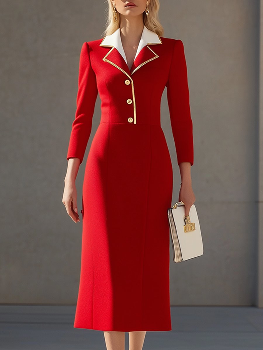 High-End Fashionable Temperament Contrasting Collar Red Woolen Midi Dress