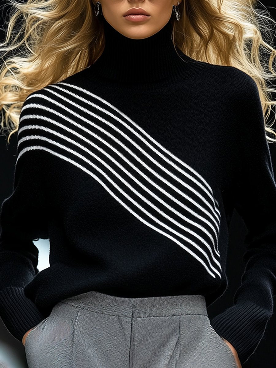 High-End Fashionable Loose Black And White Line Knitted Sweater