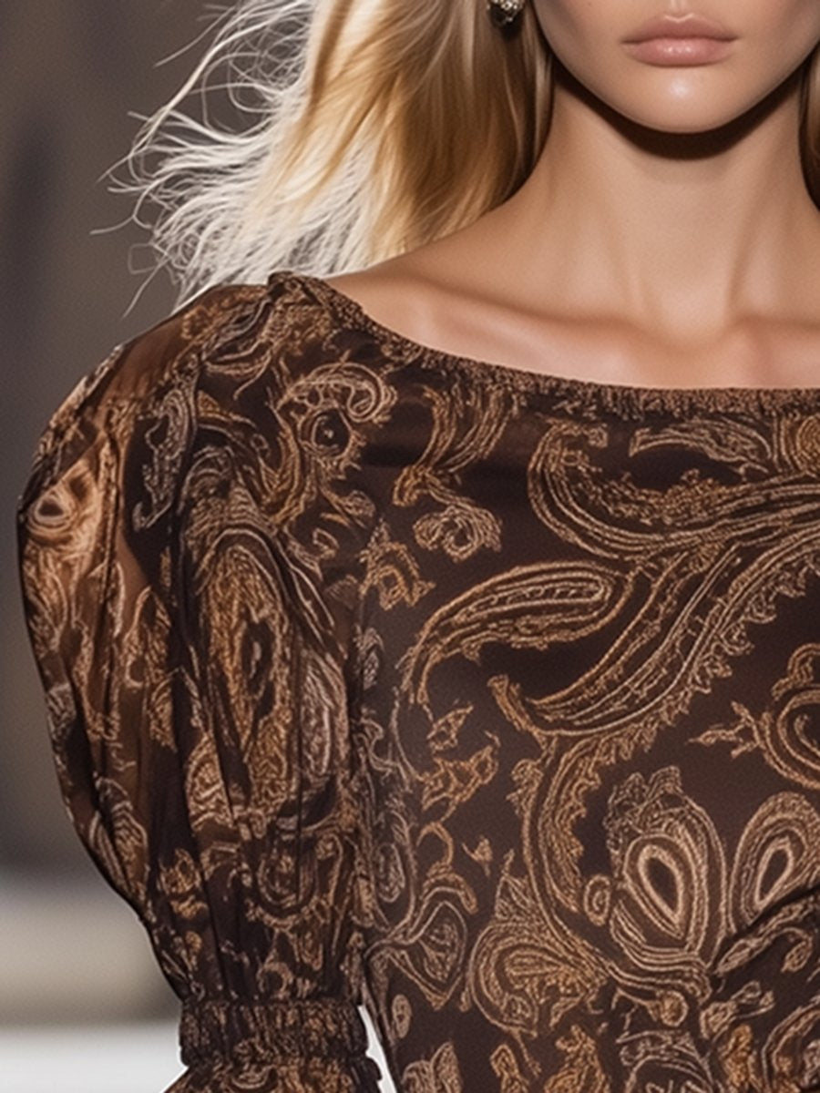 Retro Casual Elegant Puff Sleeve Paisley Print Top