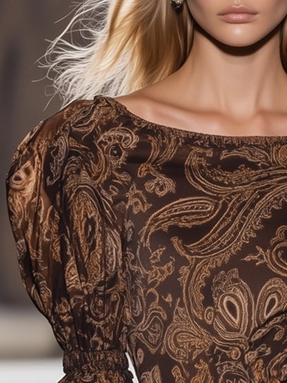 Retro Casual Elegant Puff Sleeve Paisley Print Top