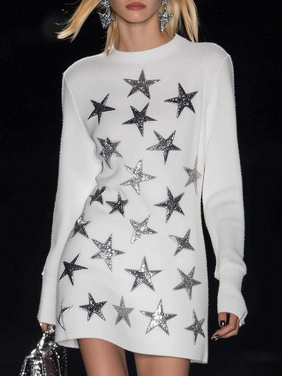 Fashionable Star Print White Long Sleeve Mini Dress