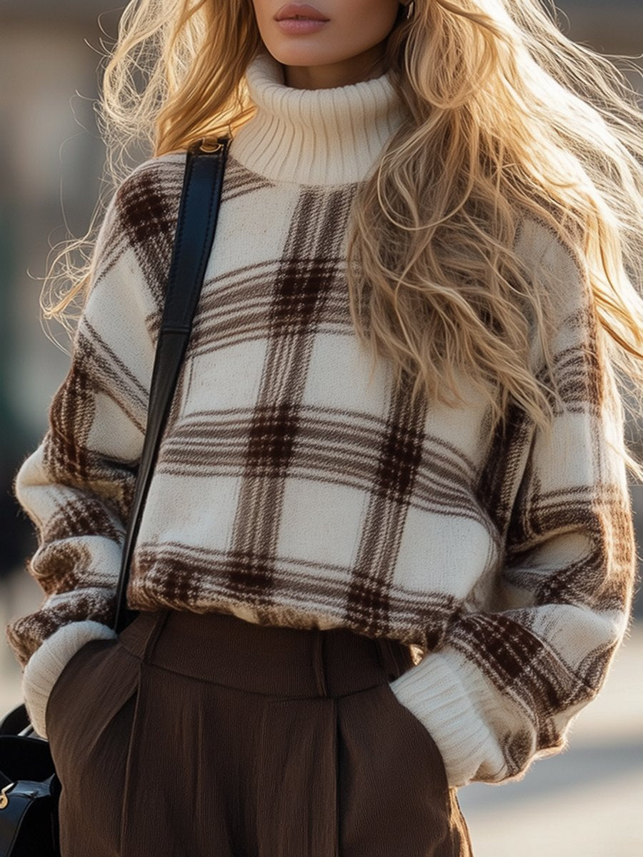 Retro Fashion Casual Loose Plaid Turtleneck Knitted Sweater