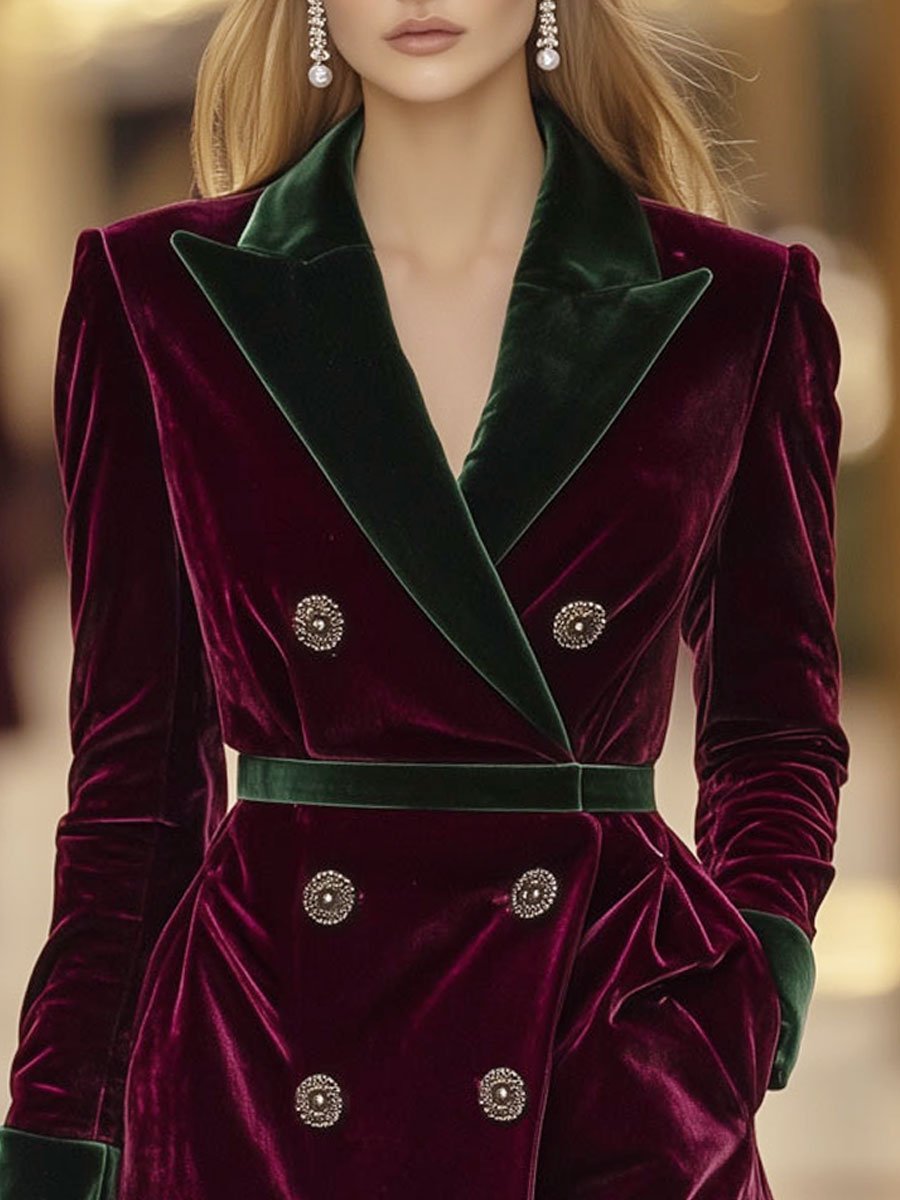 Casual Loose Retro Velvet Burgundy And Green Stitching Suit Lace-Up Coat