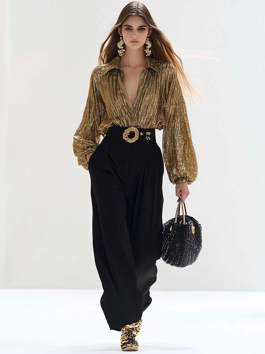 High-end Fashion V-neck Lantern Sleeves Gold Shiny Texture Shirt