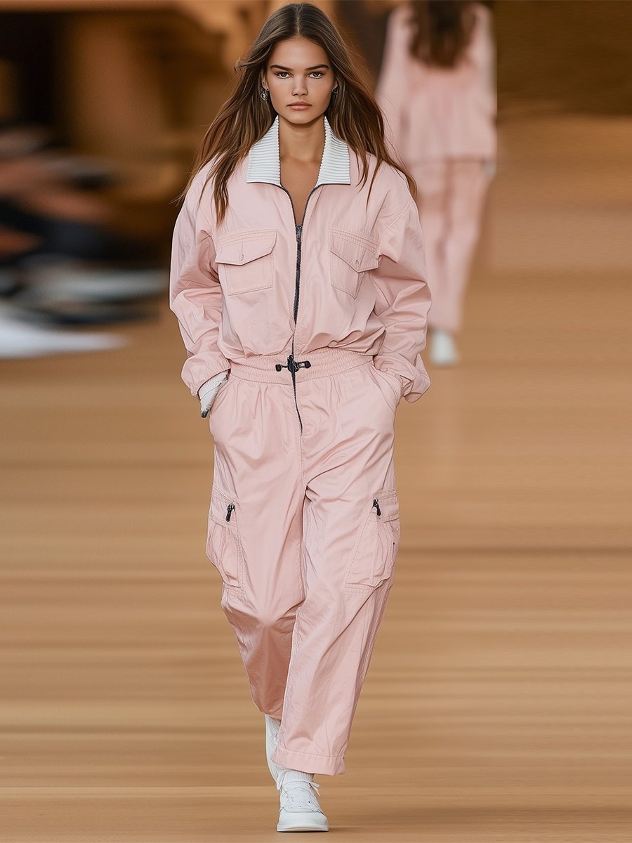 A Fresh and Eye-catching Contrasting Collar and Pink Denim Jumpsuit