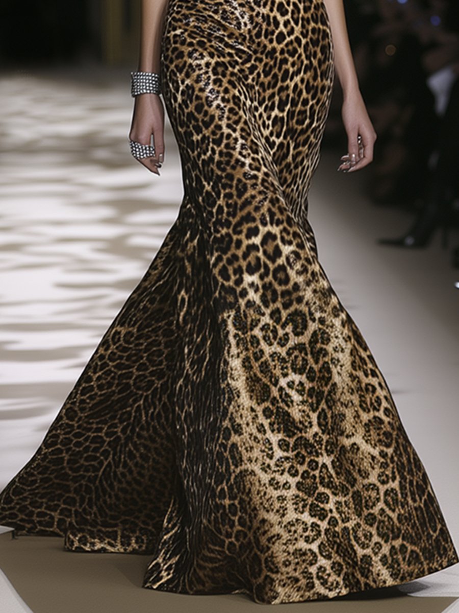 Sexy and Stylish Leopard Print Bandeau Fishtail Maxi Dress