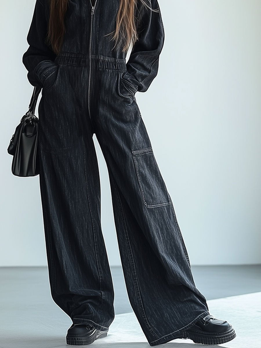 Casual Loose Retro Denim Zipper Elastic Waist Lapel Long Sleeve Jumpsuit