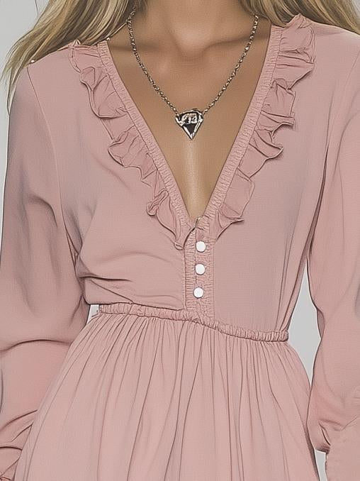 Soft Light Pink Ruffled Long Sleeve Mini Dress