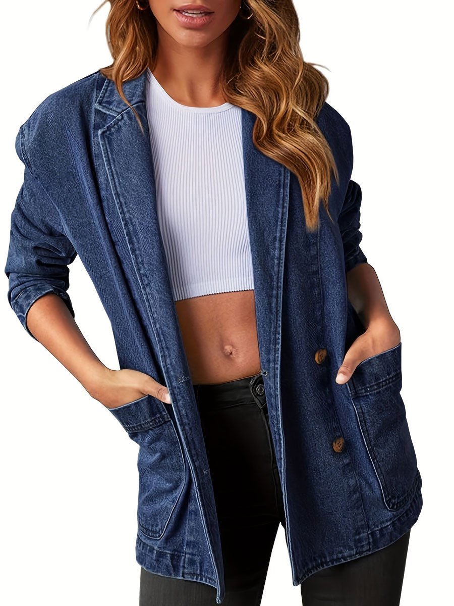 Casual Simple Vintage Pocket Double Breasted Denim Blazer