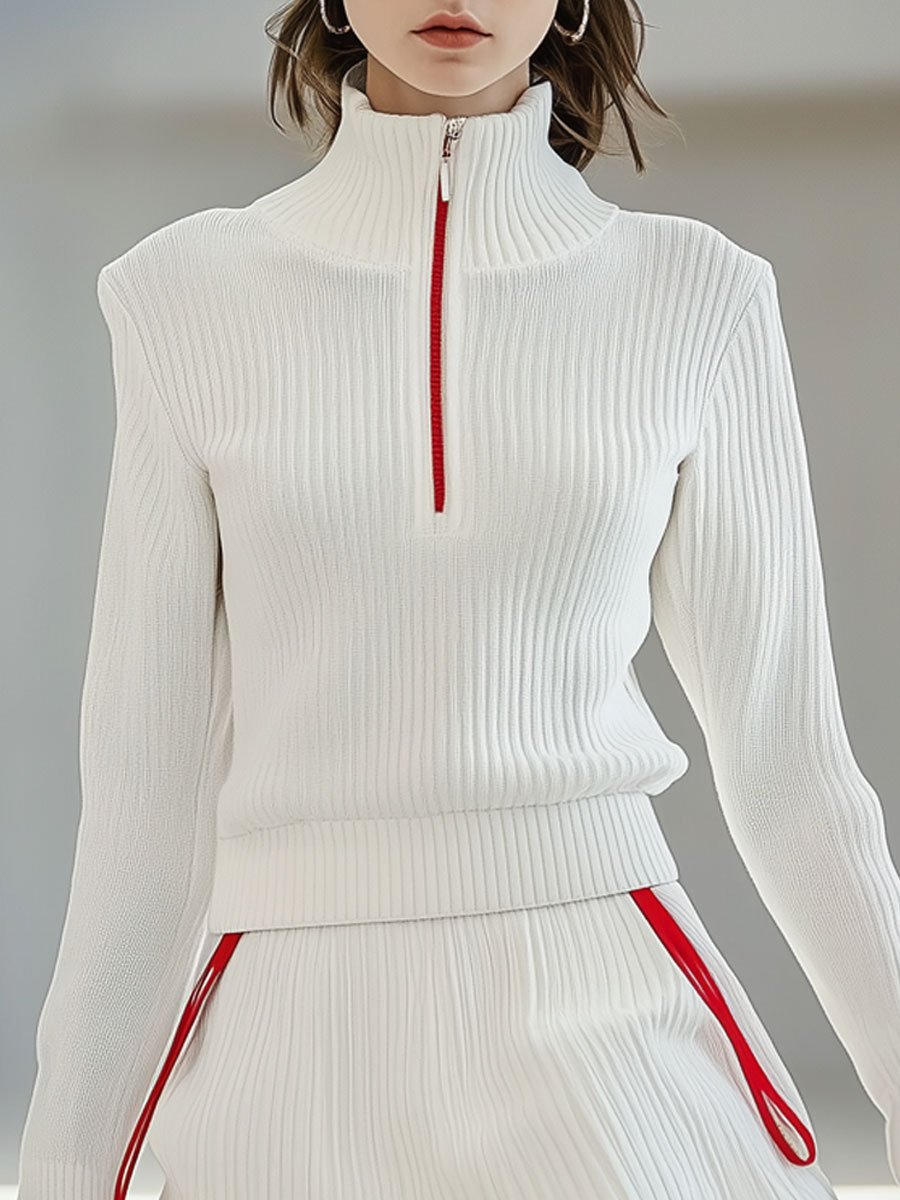 Casual Fashion Stand Collar Zipper Knitted Sweater Skirt Sports Set