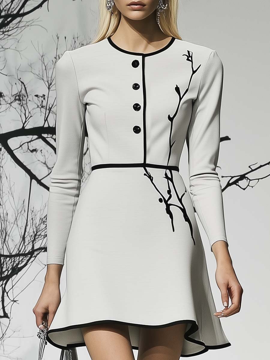 Elegant Artistic Round Neck Branch Print White Mini Dress