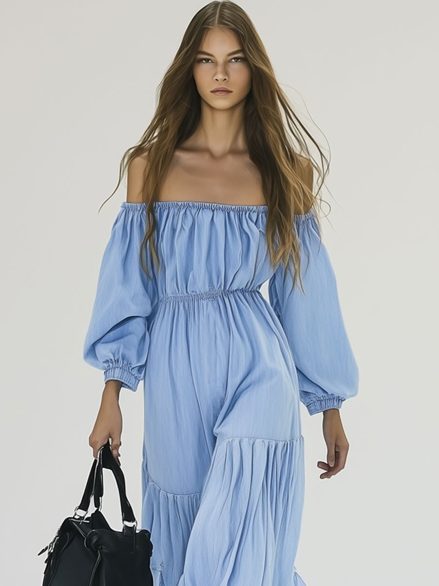 Casual Loose Blue Denim Mid Sleeve Off Shoulder Holiday Maxi Dress