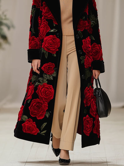 Casual Loose Vintage Velvet Rose Print Lapel Pocket Long Coat