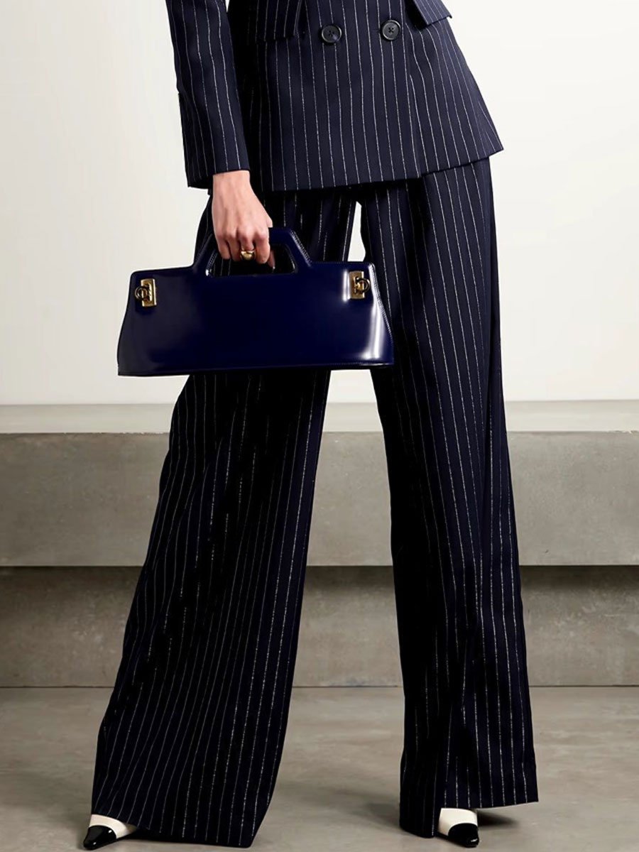 Casual Loose Retro Navy Striped Double Breasted Suit Jacket Pants Set