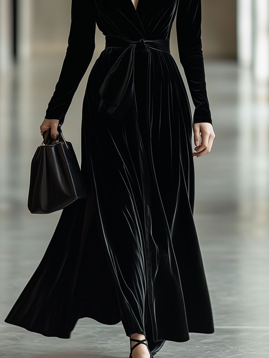 Casual Retro Solid Velvet V-Neck Belted Long Sleeve Maxi Dress