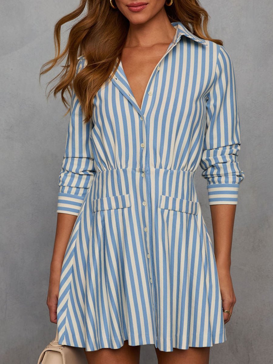 Simple Elegant and Fashionable Striped Shirt Mini Dress