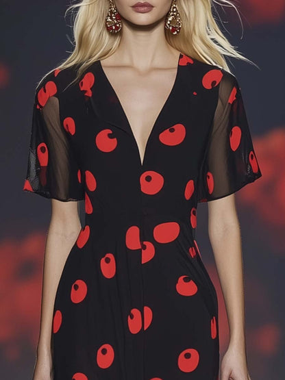 Elegant and Fashionable V-neck Red Polka Dot Print Black Chiffon Midi Dress