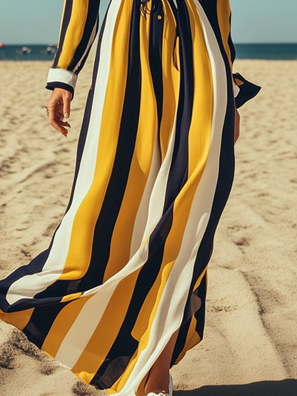 Casual Loose Lazy Style Fashion Striped Chiffon Maxi Dress