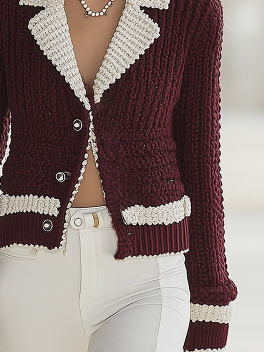 Fashion Slim Retro Red Chanel Style V Neck Cardigan