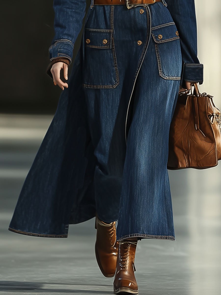 Casual Loose Retro Pocket Long Denim Trench Coat