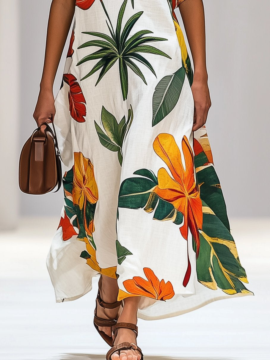 Casual Loose Fit Tropical Print Short Sleeve Maxi Dress