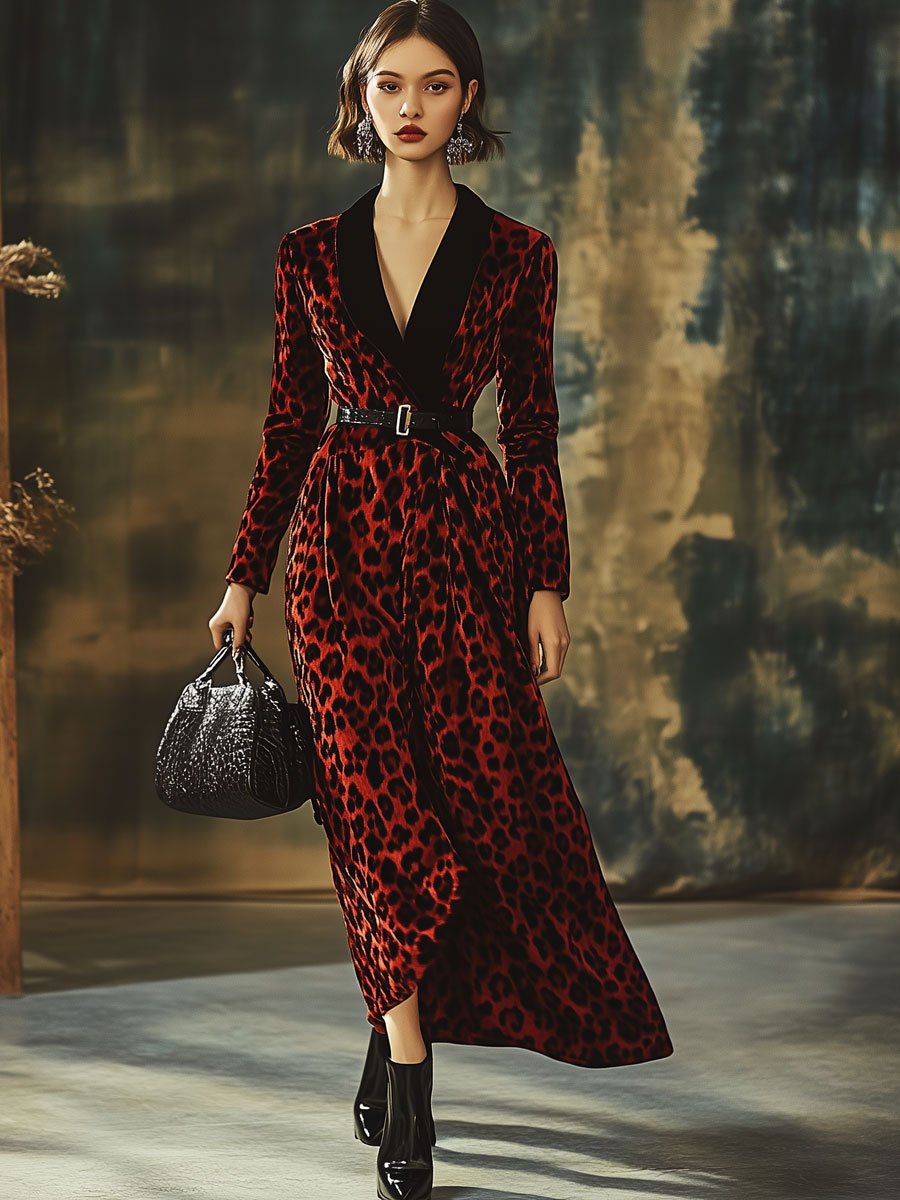 Velvet Leopard Print Lapel Long Sleeve Fashion Trench Coat Maxi Dress