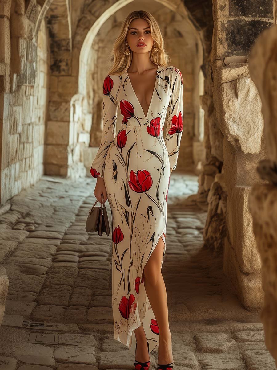 Elegant and Romantic V-neck Slit Tulip Print Maxi Dress