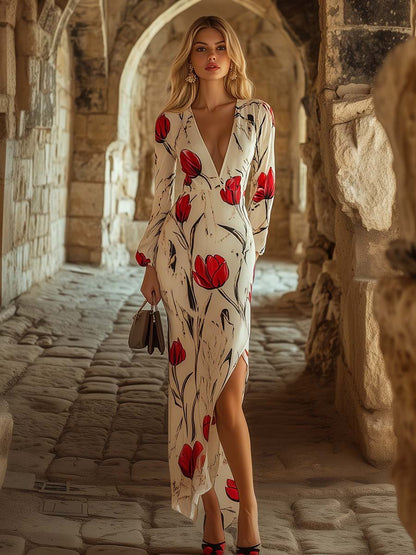 Elegant and Romantic V-neck Slit Tulip Print Maxi Dress