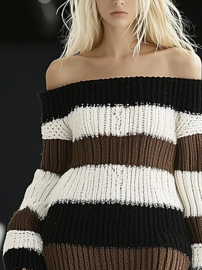 Classic Off-The-Shoulder Striped Long-Sleeve Knit Mini Dress