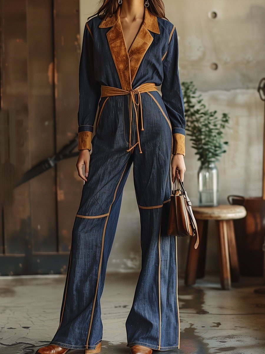 【24-hour shipping out】Casual Loose Retro Denim Suede Stitching Long-Sleeved Jumpsuit