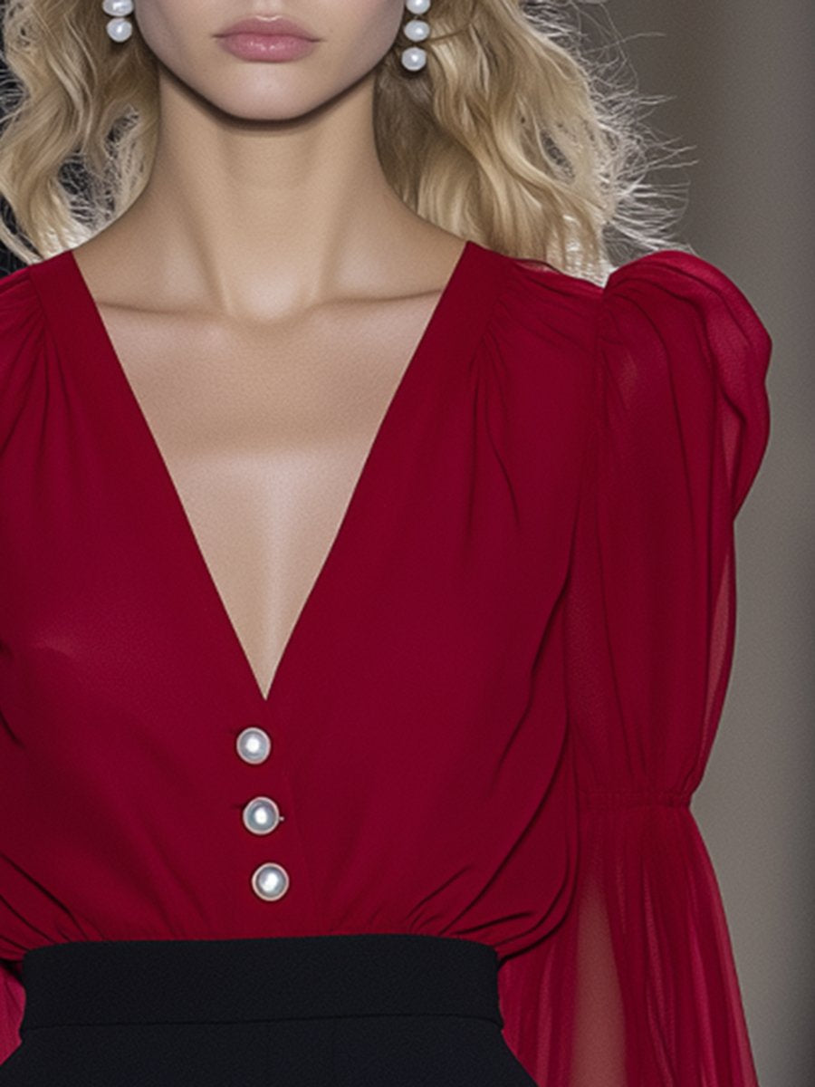 Elegant And Flowing Puff Sleeves Red Chiffon V-Neck Shirt