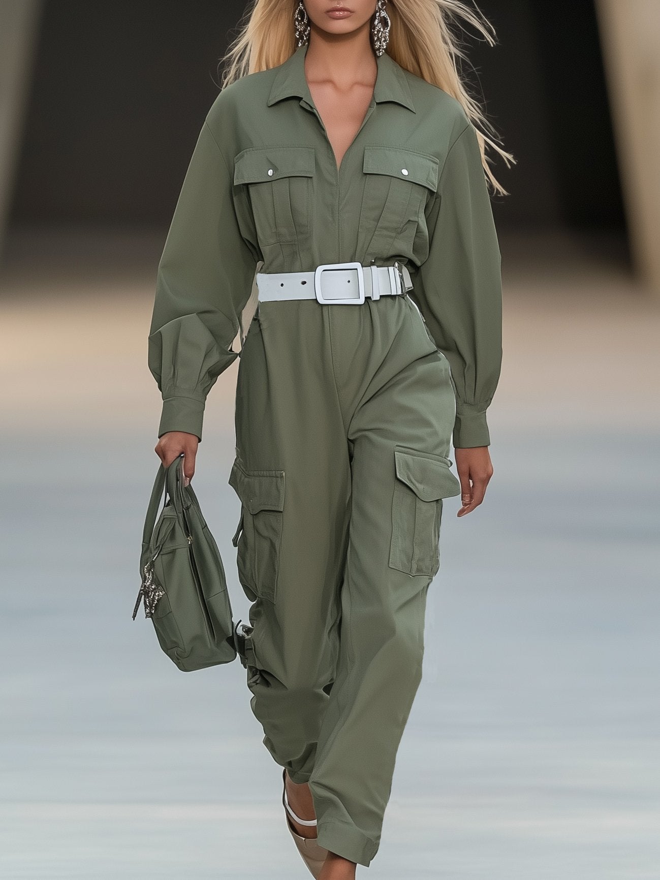 Casual Loose Workwear Army Green Long-Sleeved Jumpsuit