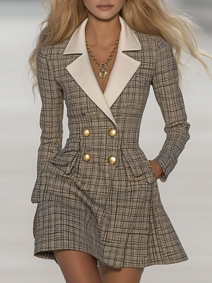 Classic and Fashionable Contrast Lapel Plaid Mini Dress