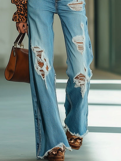 Casual Fashion Retro Ripped Raw Edge High Waist Straight Flared Jeans