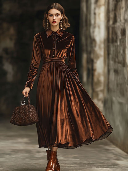 Casual Retro Lapel Chocolate Velvet Long Sleeve Midi Dress