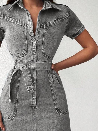 Fashion Lapel Grey Denim Short Sleeve Mini Dress