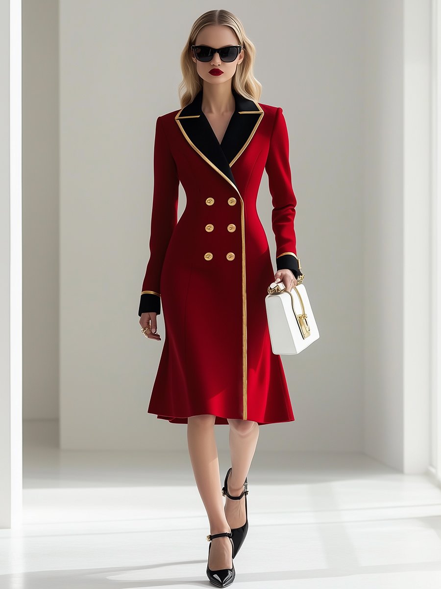 High-End And Fashionable Temperament Gold-Edged Red Woolen Midi Dress