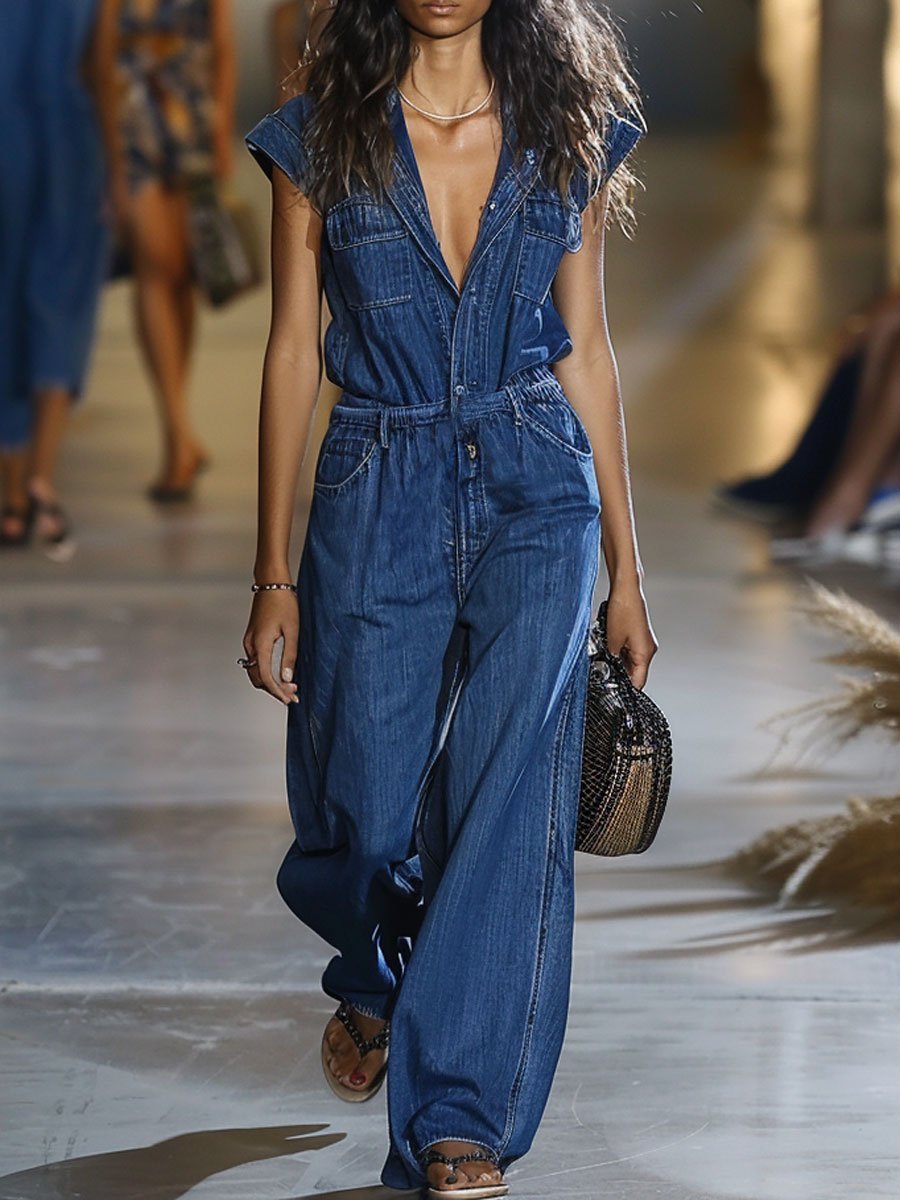 【24-hour shipping out】Casual Loose Elastic Waist Pocket Short Sleeve Shirt Denim Wide Leg Jumpsuit